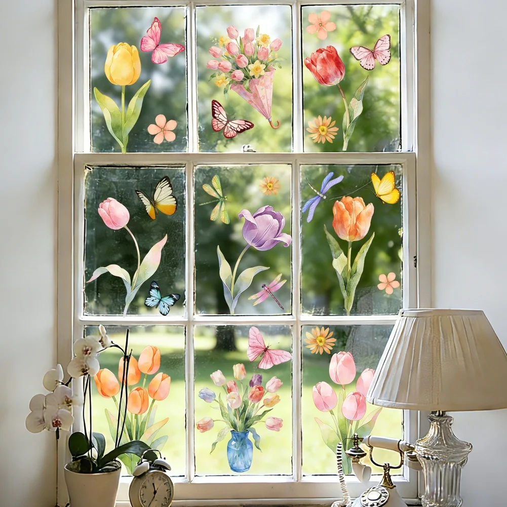 Spring Tulip Glass Static Cling Decals for Windows Mirrors Glass Doors and Glass Walls Double Sided View for Home and Office Use