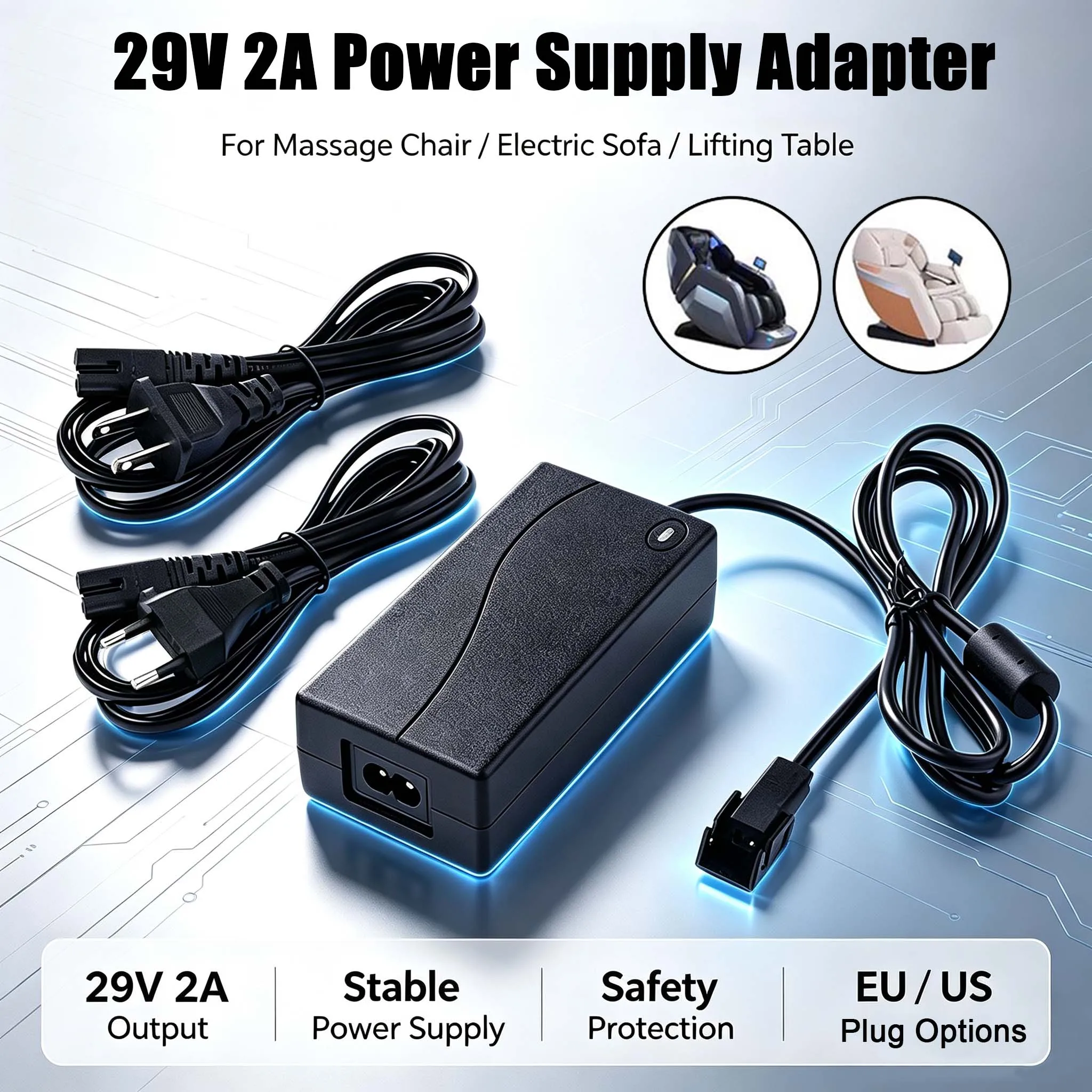 Universal 29V 2A DC Power Adapter Electric Recliner Sofa Chair Adapter TransformerPower Supplywith Overload Protection