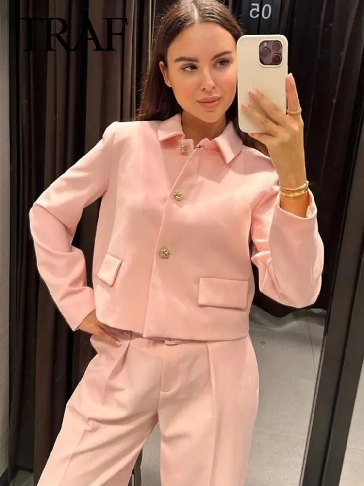 TRAF primavera nuova moda donna set solido risvolto maniche lunghe cappotto monopetto + cintura a vita alta cerniera femminile gamba larga pantalone