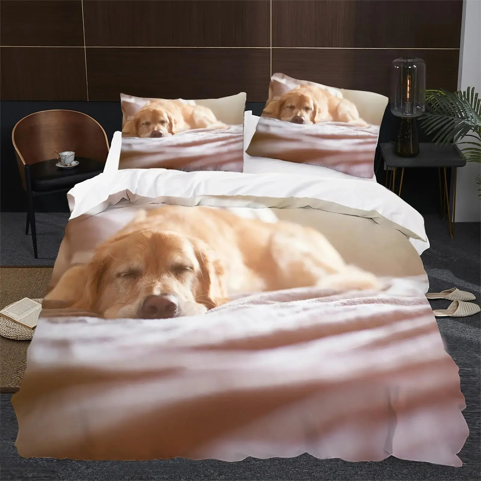Brown Golden Retriever Duvet Cover Twin Animal Pattern Bedding Set 3 Piece, Comfort Comforter Cover and 2 Pillowcases Full Size