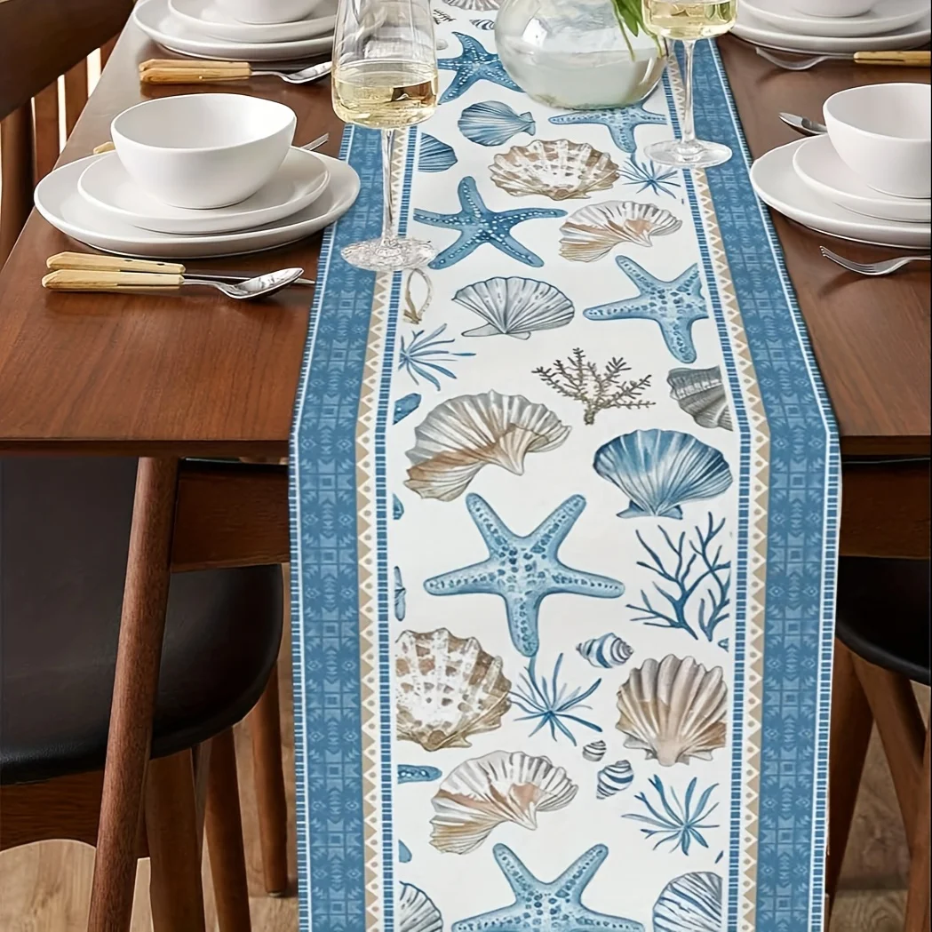 VIKAMA 1pc Linen Table Runner Summer Ocean Starfish Seashell Coral Blue Geometric Stripes Design Dining Table Decor  Party Home