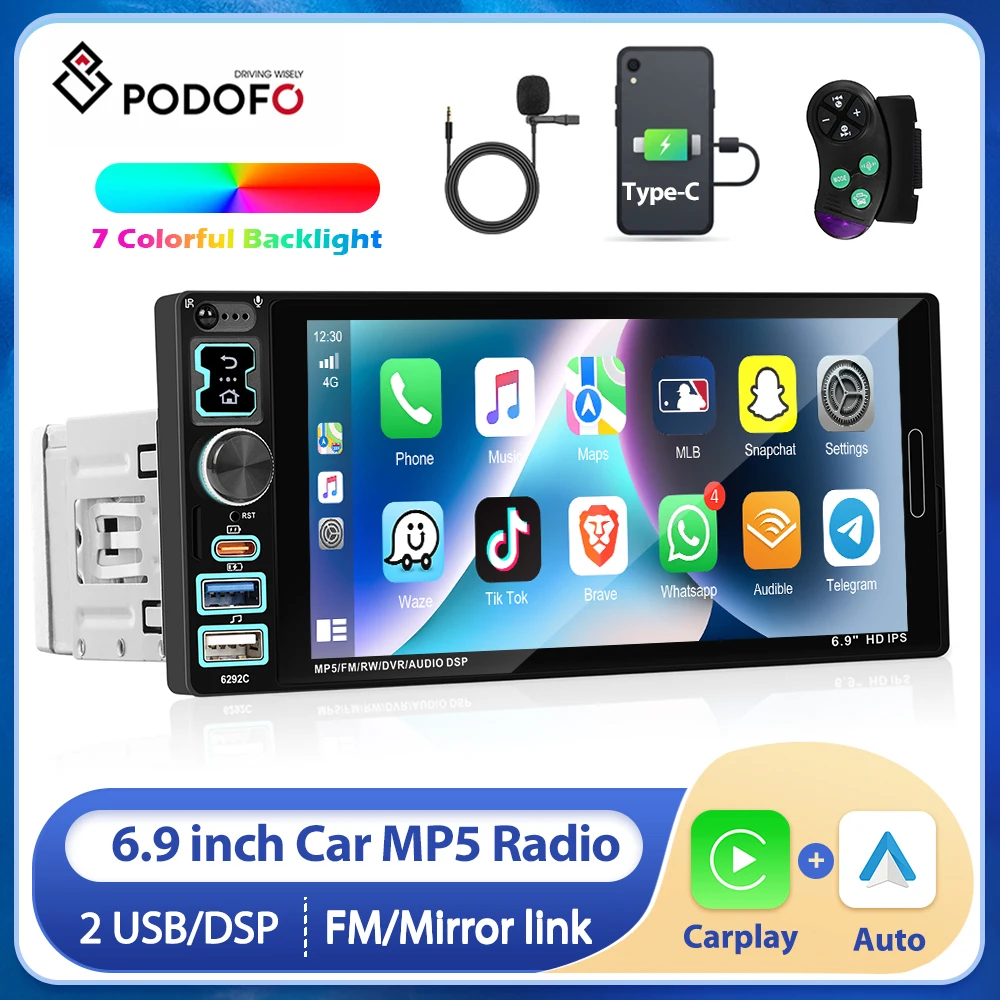 

Podofo Универсальный 1-диночный Android 6,9 дюйма, проводной CarPlay, автомобильный радиоприемник, мультимедийный видеоплеер, GPS, FM-радиоприемник