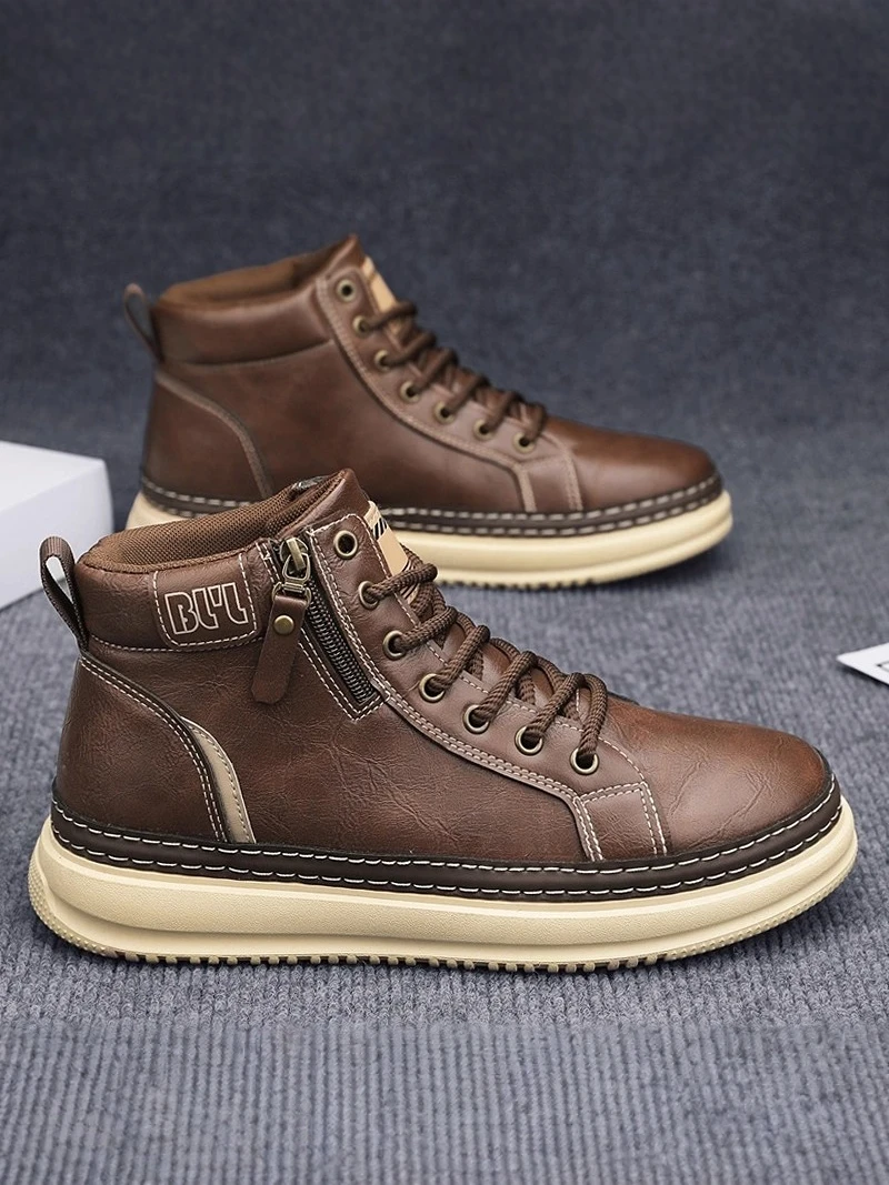 High-Top Men's  Boots Winter Outdoor Sports Shoes Vintage Zipper Panel Casual Low-Top EVA Inner Material PU Surface