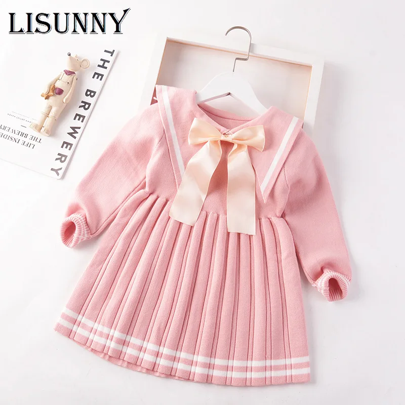 

2023 Autumn Winter Girls Sweater Dress Bow Lapel Kids Baby Sweater Children Clothing Pullover Kids Knitted Dressrs Jumper 3-8y