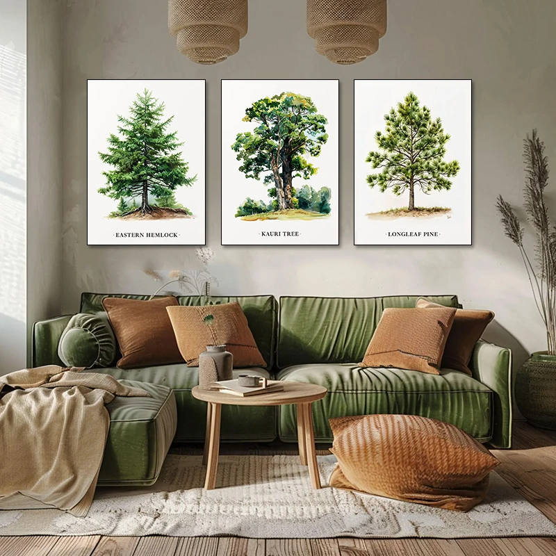 Lush Tree Coast Redwood Pitch Pine Sassafras Birch Botanical Nature Illustration Canvas Painting Wall Art Poster Room Home Decor