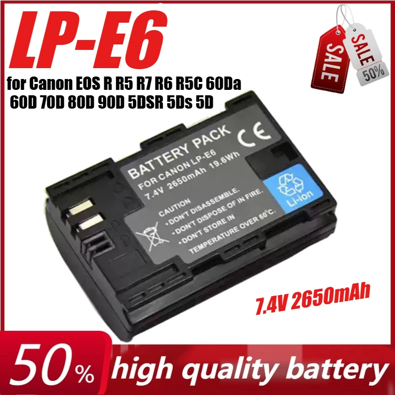 

Аккумулятор LP-E6 7,4 В, 2650 мАч + USB-зарядное устройство для Canon EOS R R5 R7 R6 R5C 60Da 60D 70D 80D 90D 5DSR 5Ds 5D 6D 7D Mark II