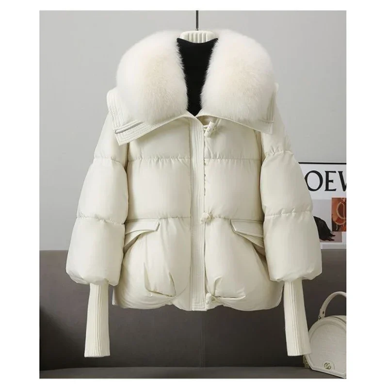 Winter New Fur Collar Puffer Down Parka Loose Down Warmer Thicken Snow Jacket Pocket Zipper Faux Fur Outerwear Female L32