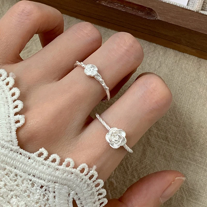 S925 Sterling Silver Ring Rose Ring Adjustable For Womens Simple Wear Love Cute Anniversary Birthday Romantic Gift Fine Jewelry