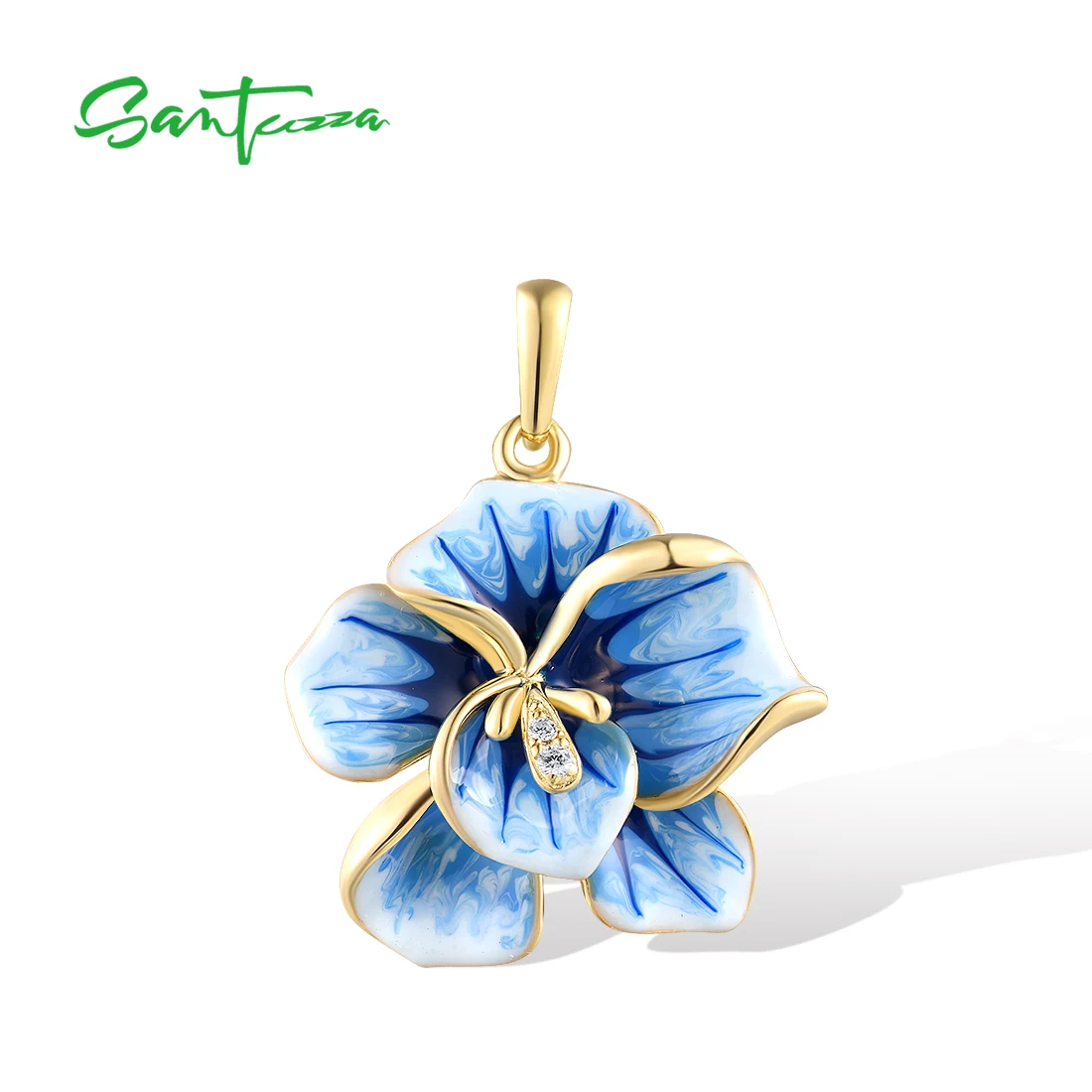 SANTUZZA-Pingente Real 925 Sterling Silver para Mulheres, CZ Branco, Flor Esmalte Azul, Festa Chique, Aniversário de Casamento, Jóias Finas