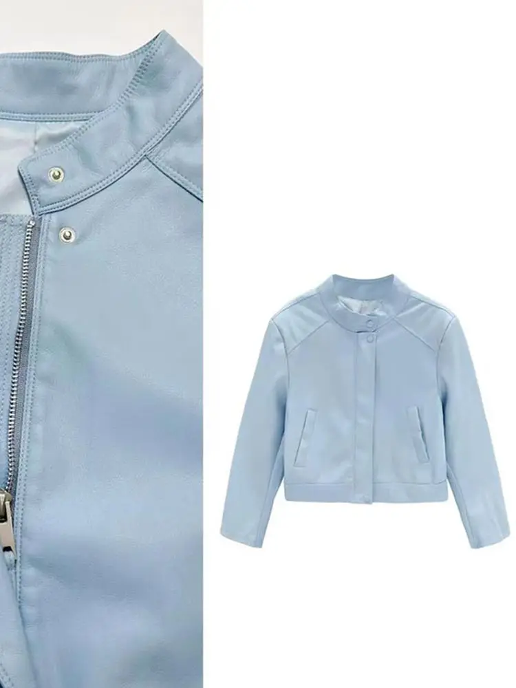 Chic Retro Versatile Women's Leather Jacket Short Sleeve Pink Long Spring New Style Fashionable Anti-Aging Top