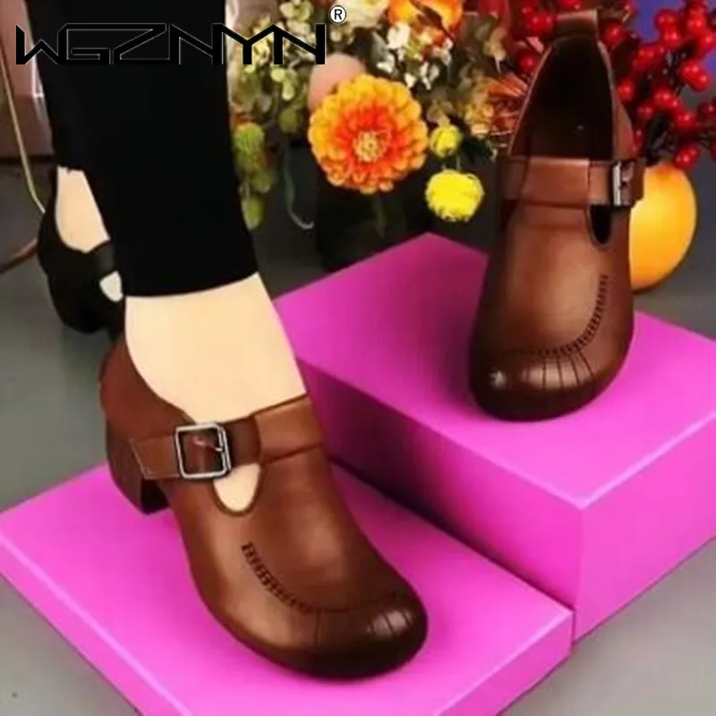 Women Loafers 2023 Women Loafers Spring Summer Genuine PU Leather Comfort Mid Heel Retro Mother Shoes Slip-On Fashion Rome Shoes