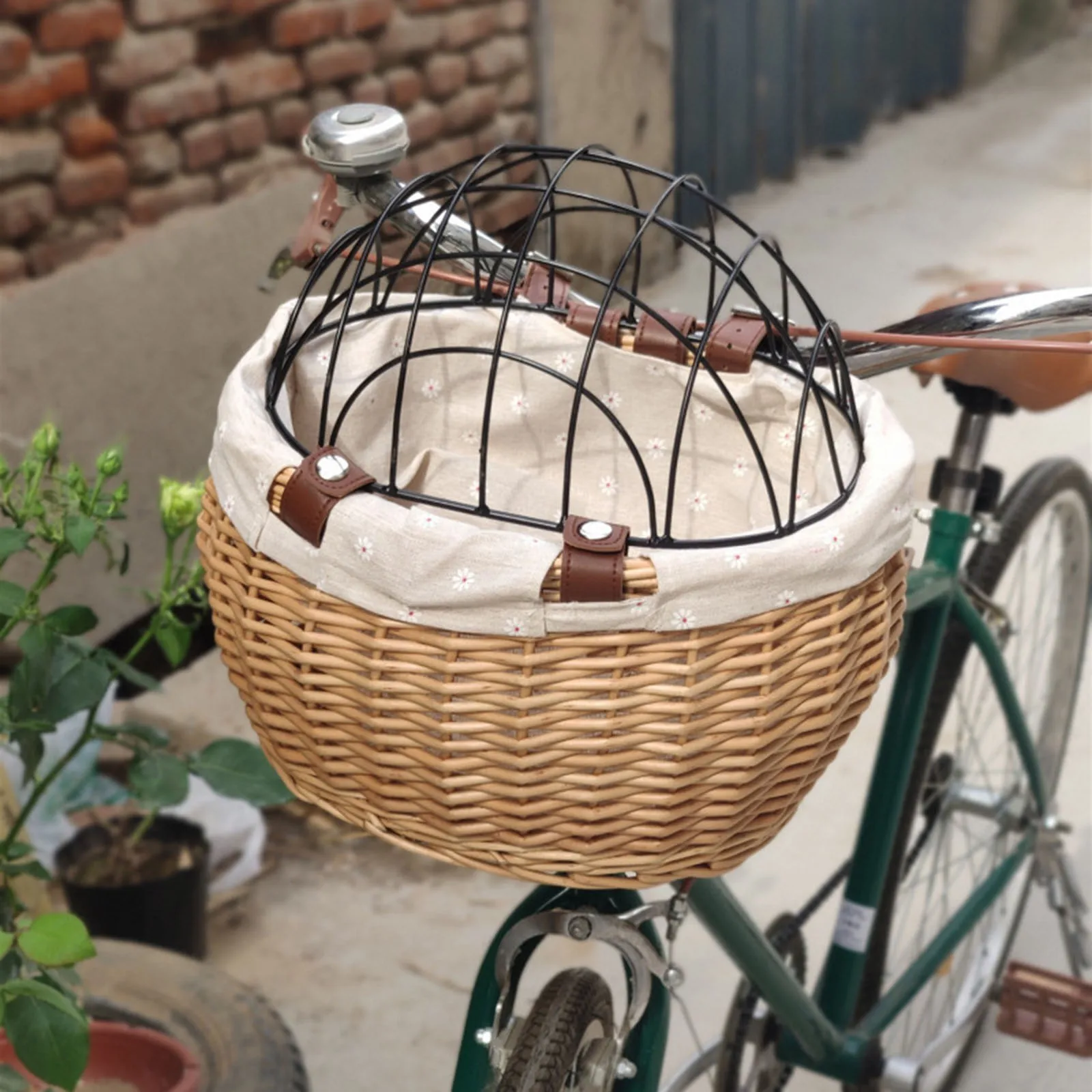 Pets Dog Storage Basket Iron Crafts with Lid Front Basket Willow Weaving Carryings Pet Puppy Bag for Road Bikes Outdoor