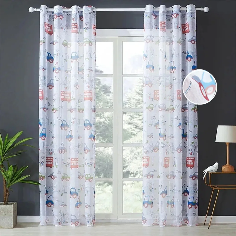 Cartoon Cute Small Car Bedroom Tulle Curtains Simple Children's Baby Room Window Treatments Sheer Hall Curtains For Living Room