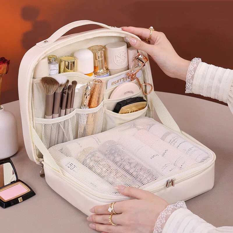 

PU Makeup Bag Large Capacity Multi Pocket Cosmetic Organizer Portable Double Zipper Travel Toiletries Storage Box