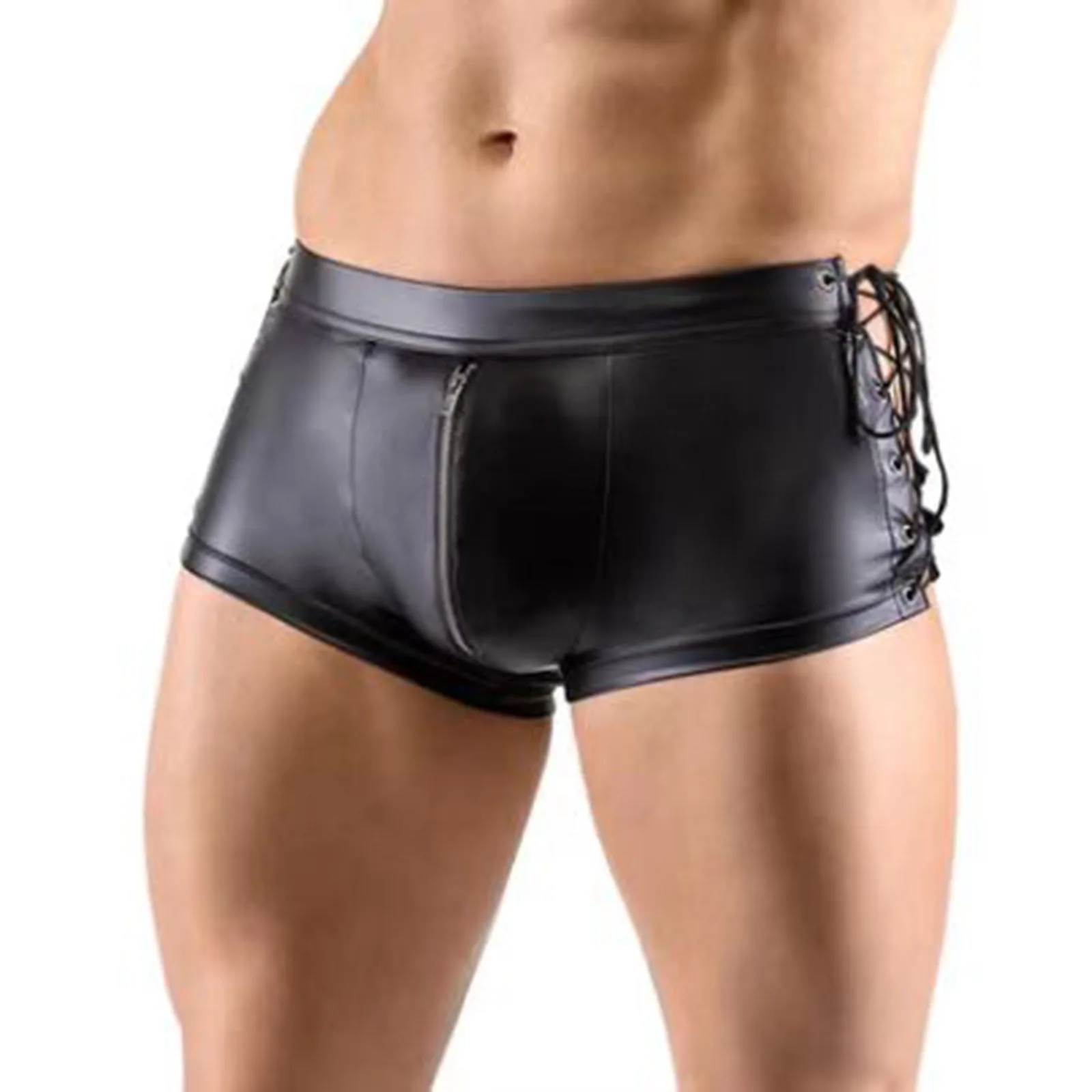 Low Rise Faux Leather Shorts for Men Zipper Crotch Latex Hot Pants Hollow Out Lace-up Boxer Shorts Nightclub Pole Dance Costume