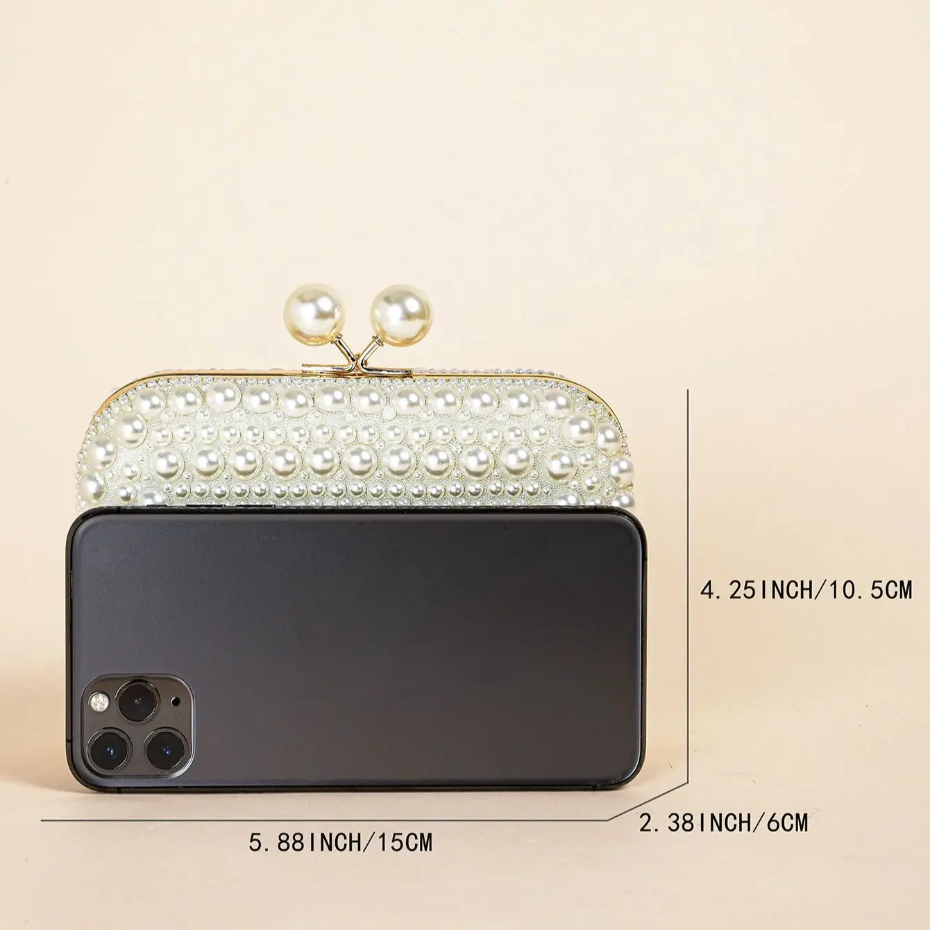 Glamorous Overall Pearl Beads Glossy Kiss Lock Metal Chain Clutch Box, Elegant Textured Frame Wedding Purse, Party Prom Dinner E