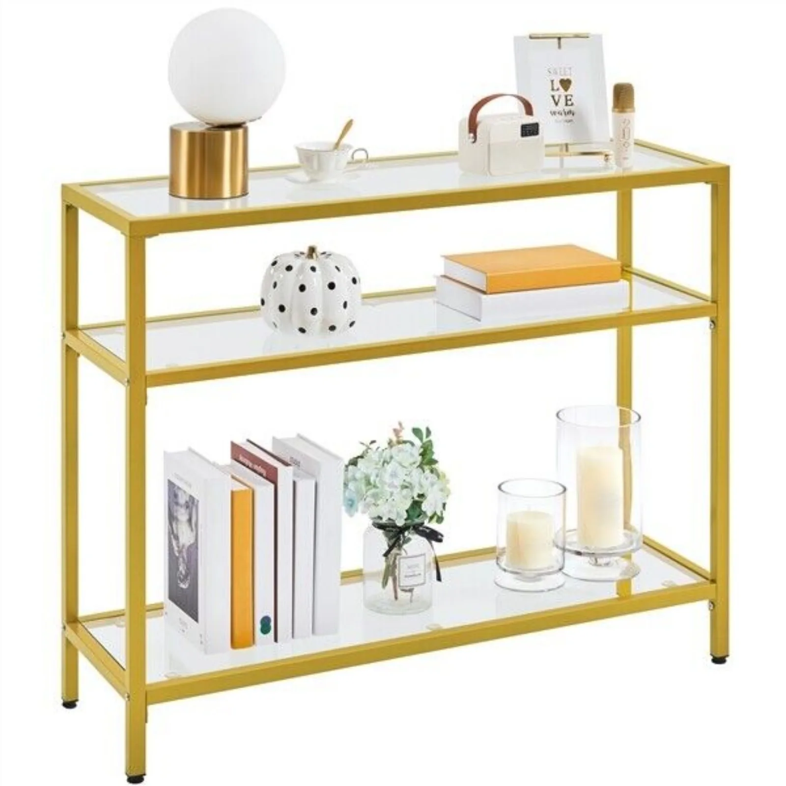 Console Table 3-Tier Tempered Glass Sofa Table for Entryway Metal Frame Gold United States