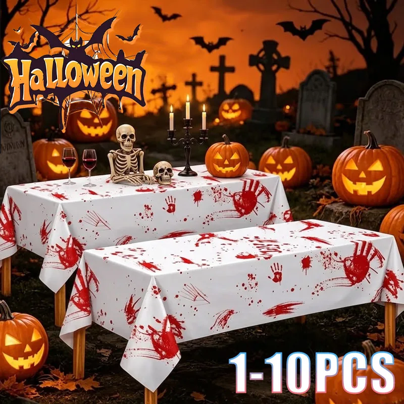 1-10PCS Halloween Blood Handprint Tablecloth Disposable Oil WaterProof for Thanksgiving Autumn Party Picnic Camping Table Cover