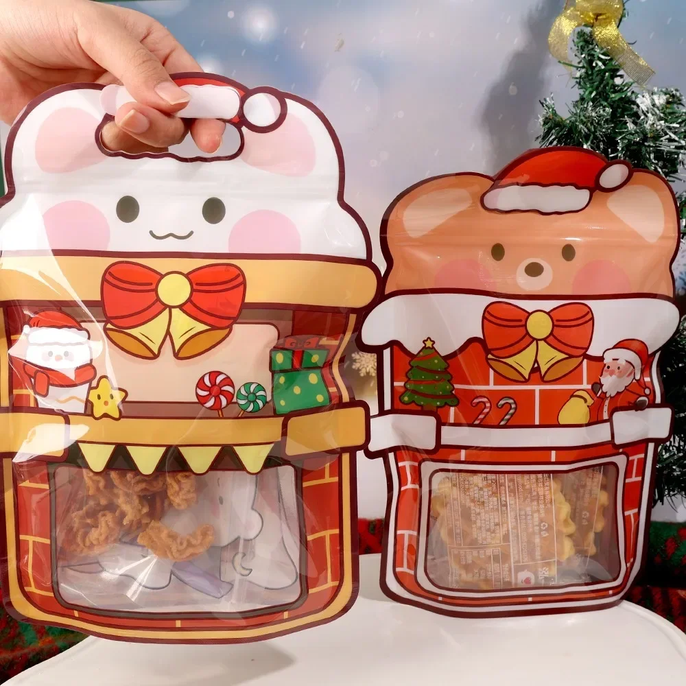 12/1PCS Christmas Cartoon Snack Bags Cute Rabbit Bear Self-sealing Gift Bag Plastic Candy Biscuit Storage Handbag Party Decor