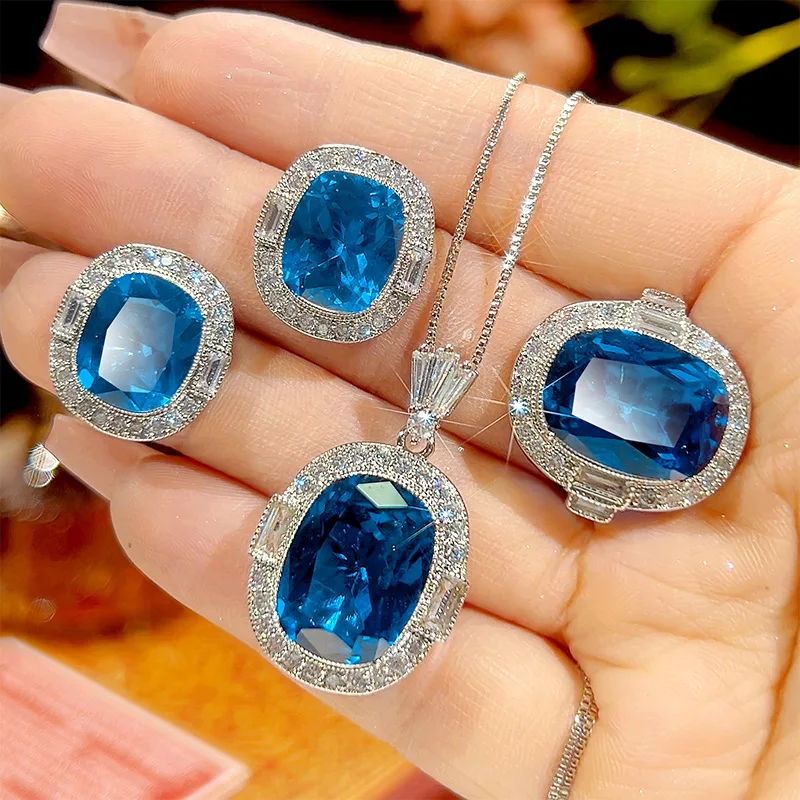 

Blue Cushion Cut Zircon Jewelry Adjustable Ring Earrings Pendant Necklace Halo Engagement Wedding Jewelry for Women Party Gift