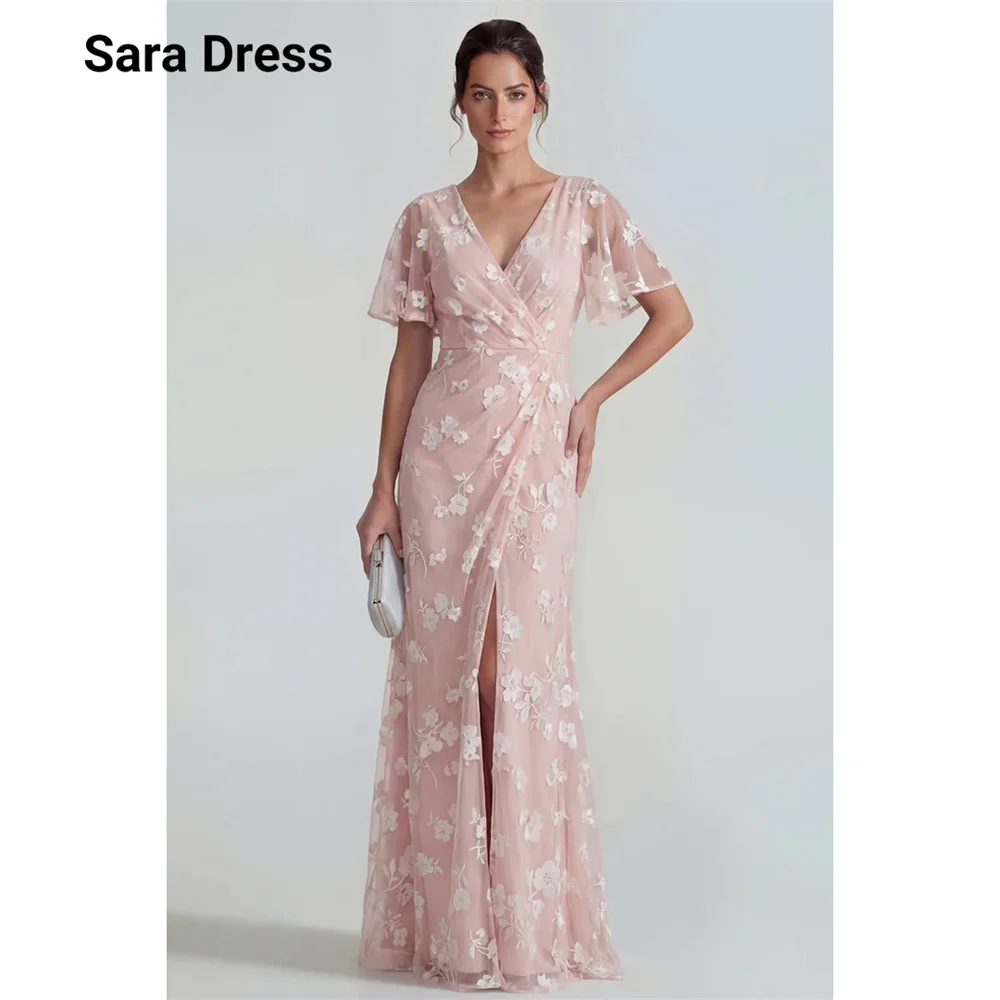 

Sara Custom Fishtail Pink V-neck Short Sleeves Luxurious Women's Evening Dresses for Events Elegant Party Dress for Women Luxury