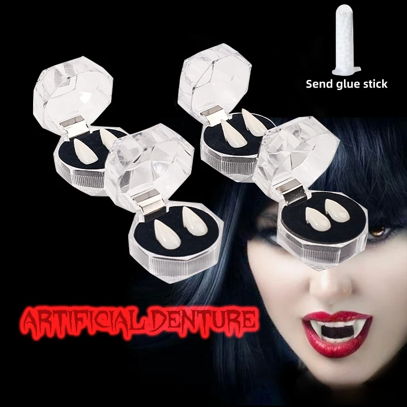 مصاص دماء الأسنان الأنياب أطقم الأسنان الدعائم هالوين تأثيري الدعائم الأنياب كاذبة مع الغراء الصلب تجهيزات حفلة الهالوين إرسال عصا الغراء