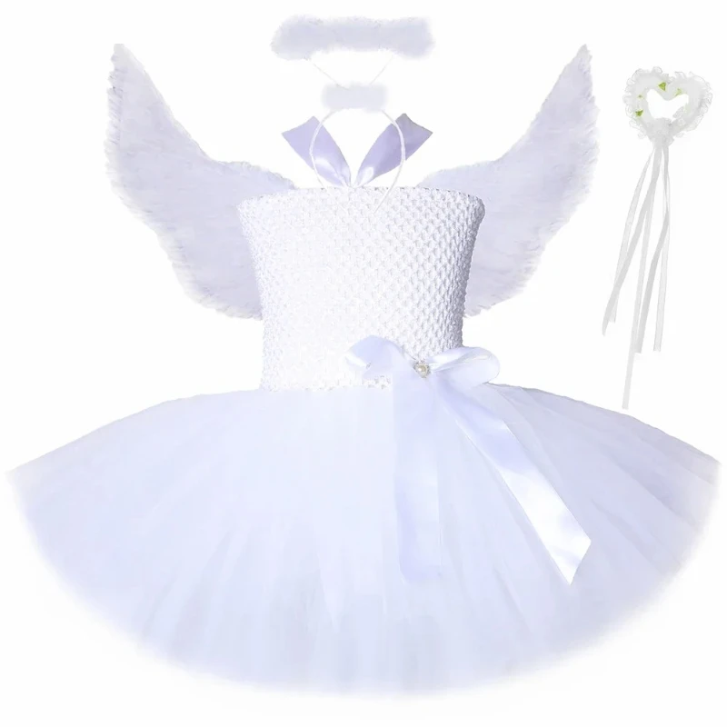 White Guardian Angel Costume for Girls Halloween Christmas Tutu Cosplay Dress Up Kids Birthday Party Dresses with Wings Halo