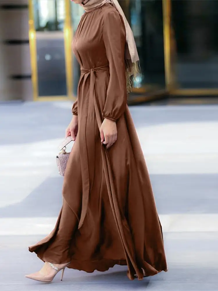 Vrouwen Moslim Party Solid Satin Maxi Jurk 2023 Lente Chic Elegante Bladerdeeg Mouw Gewaad Casual Holiday Swing Kaftan Ol dubai Abaya