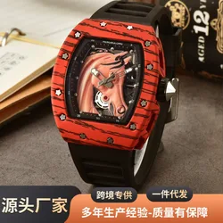 2024 New Barrel-Shaped Wood Grain Quartz Watch Men's Fashion Success Pattern Strap Calendar Silicon Strap Watch