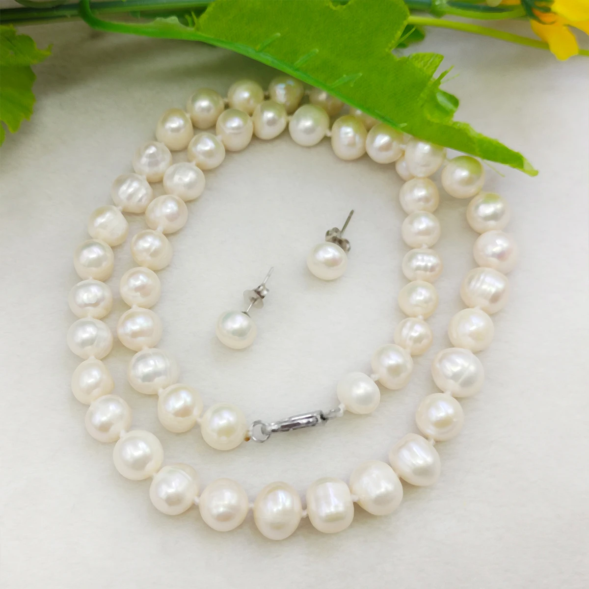 7-8/8-9mm Near Round White Natural Freshwater Pearl Necklace Stud Earrings Sets Fashion Jewelry Making Design Women Gifts 18inch