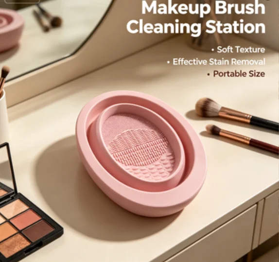 Flexible Silicone Makeup Cleaning Bowl Set, Textured Surface Wash Tray for Beauty Brushes & Sponges, Reusable Easy-Clean Space-Saving Cosmetic Care Accessory view 3