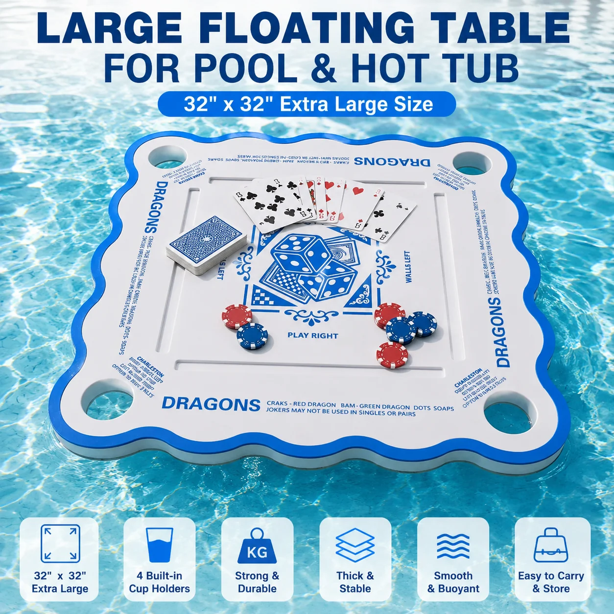 Large Floating Table for Pool,32x32 Inch Hot Tub Float Board for Mahjong Card, Adults Pools Tray for Summer Party Indoor Outdoor