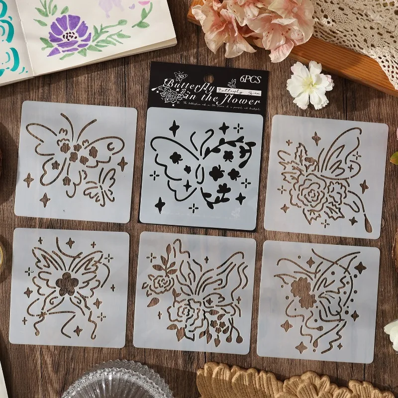 6pcs/set Butterfly Themed Drawing Stencils Reusable Cut-Out Templates for Poster Making Journal Decoration Art Craft Supply