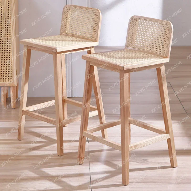 Nordic Solid Wood Bar Chair Japanese Rattan High Feet Stools Modern Minimalist Backrest  High Chair for Kitchen Home Furniture Z