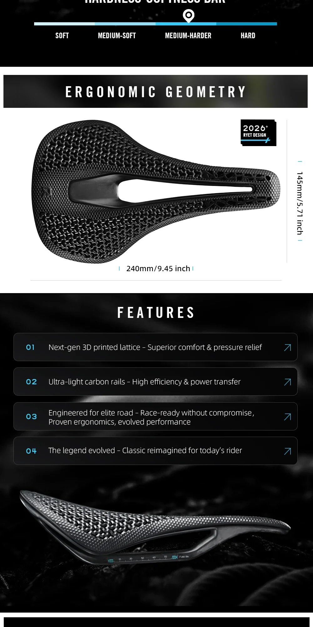 2026 RYET K106S 3D-gedruckter/VCM Carbon Fahrradsattel 168g Ultraleicht T800 Schienen MTB Rennrad Gravel 240*145mm Fahrradsitz Fahrradteile – Detail 3