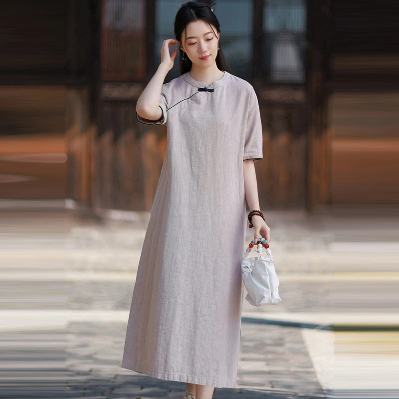 Vestido Largo de Algodón y Lino para Mujer, Nuevo Modelo 2026, Estilo Chino, Cuello Mandarín, Color Sólido, Holgado, Informal, M2560