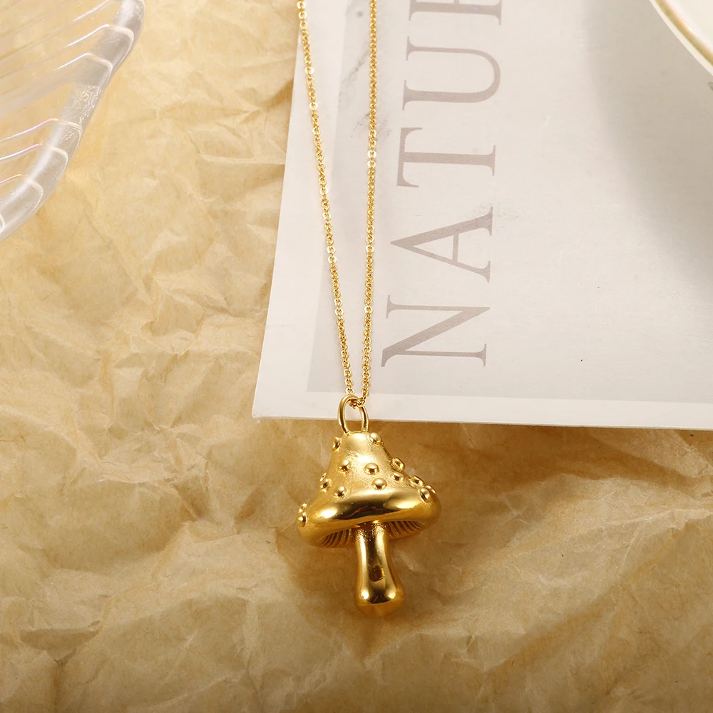 Stainless Steel High Quality Mushroom Pendant Necklace Gold Color Plated Jewelry for Women Men Couple Vintage Wholesales Jewelry