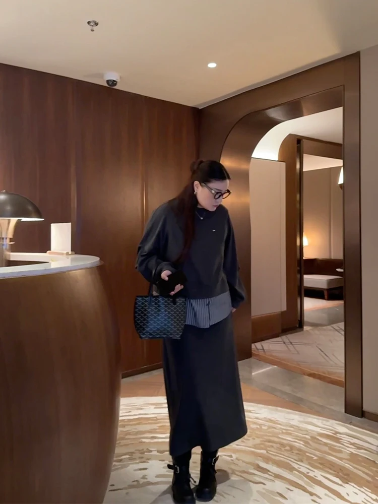 

Женский модный комплект больших размеров: теплый полосатый костюм с флисовой подкладкой, юбка с высокой талией и пуловер с длинным рукавом и круглым вырезом, повседневная одежда