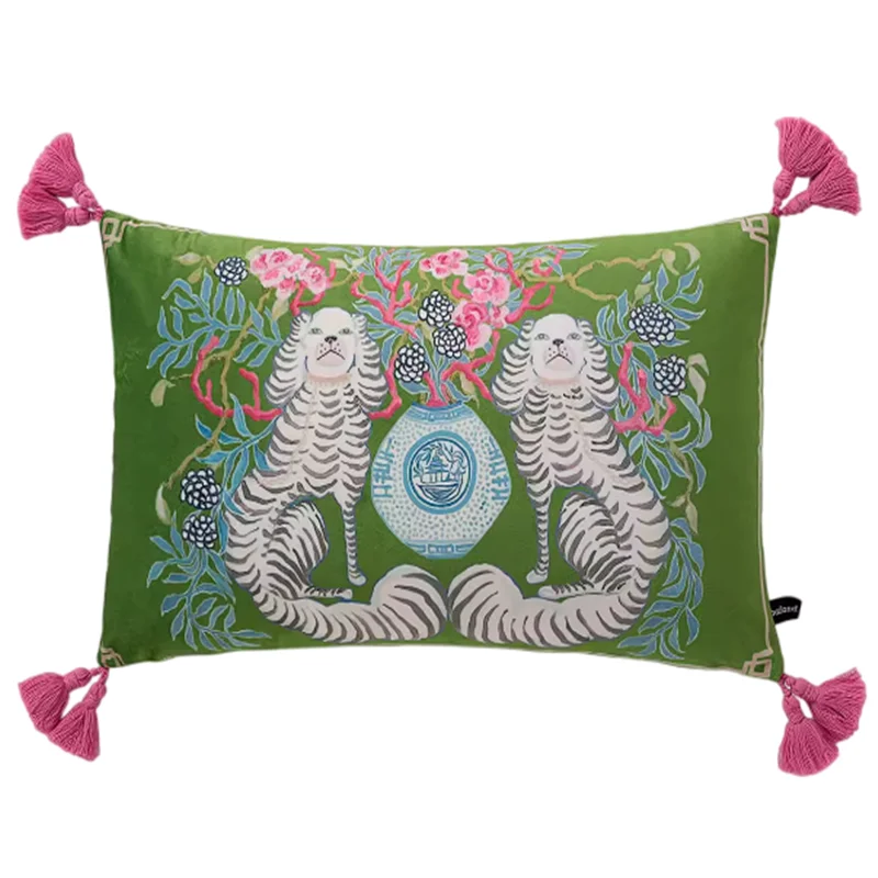 Decorative Velvet Pillow Covers, Chinese Pillowcases, Dog with Vase, Double Sides, Asian Lady Royal Court, 12x20 Inch