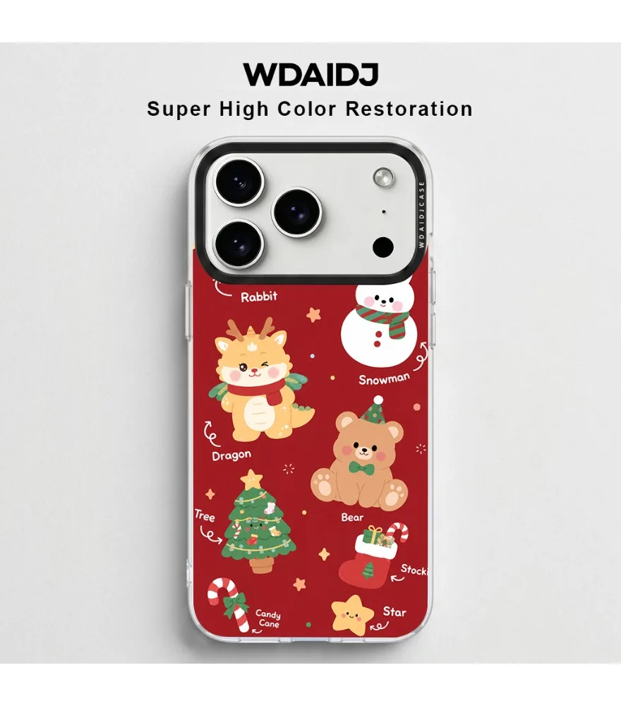 

Festive Red Background Cartoon Christmas Pattern Clear Phone Case For Iphone 13 14 15 16 17 Anti Slip Durable Phone Cover