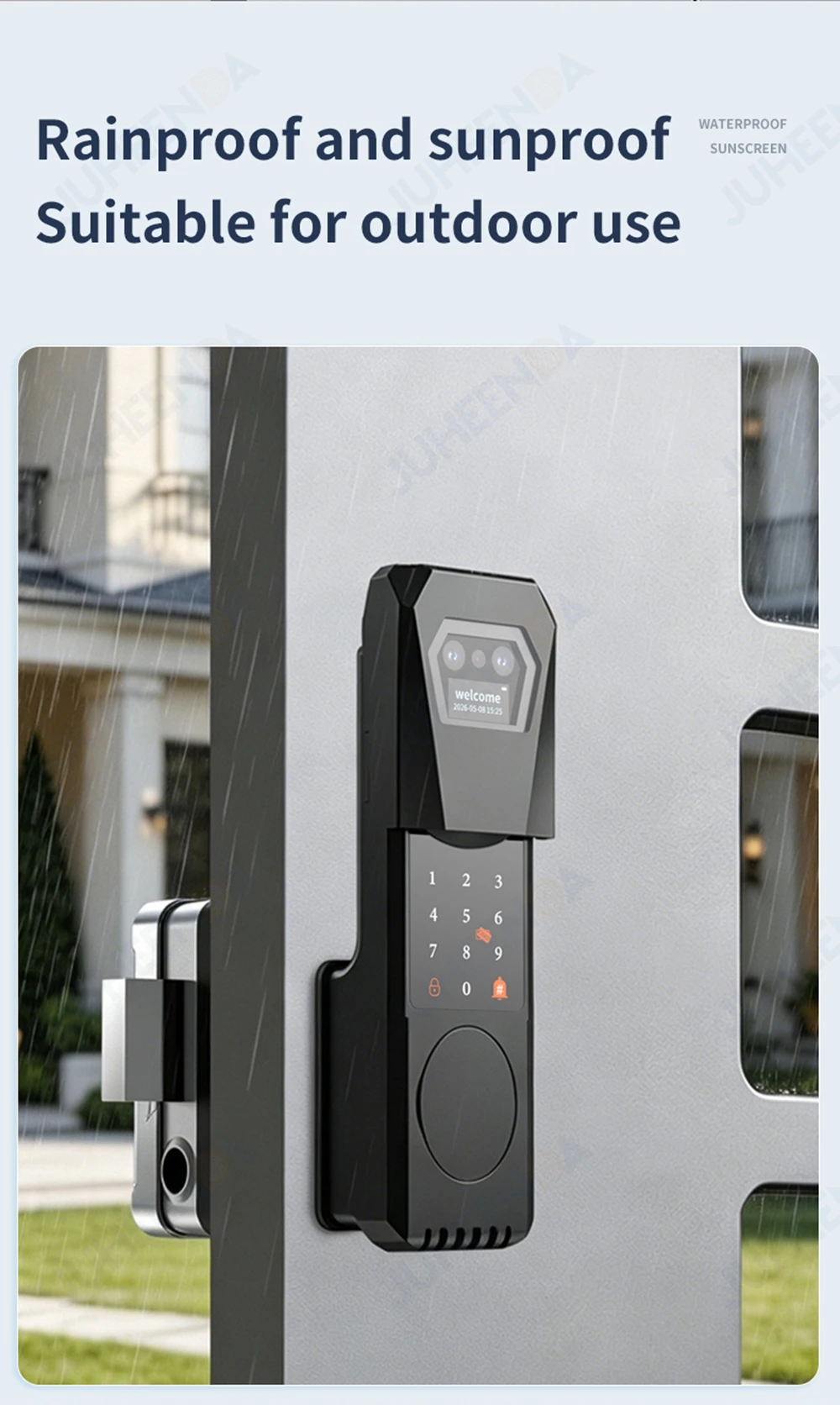 Wasserdichtes Tuya Smart Fingerabdruck-Torschloss für den Außenbereich mit Gesichtserkennung, Türklingel, Video-Gegensprechanlage, RFID-Karte und digitalem Codezugang – Detail 5