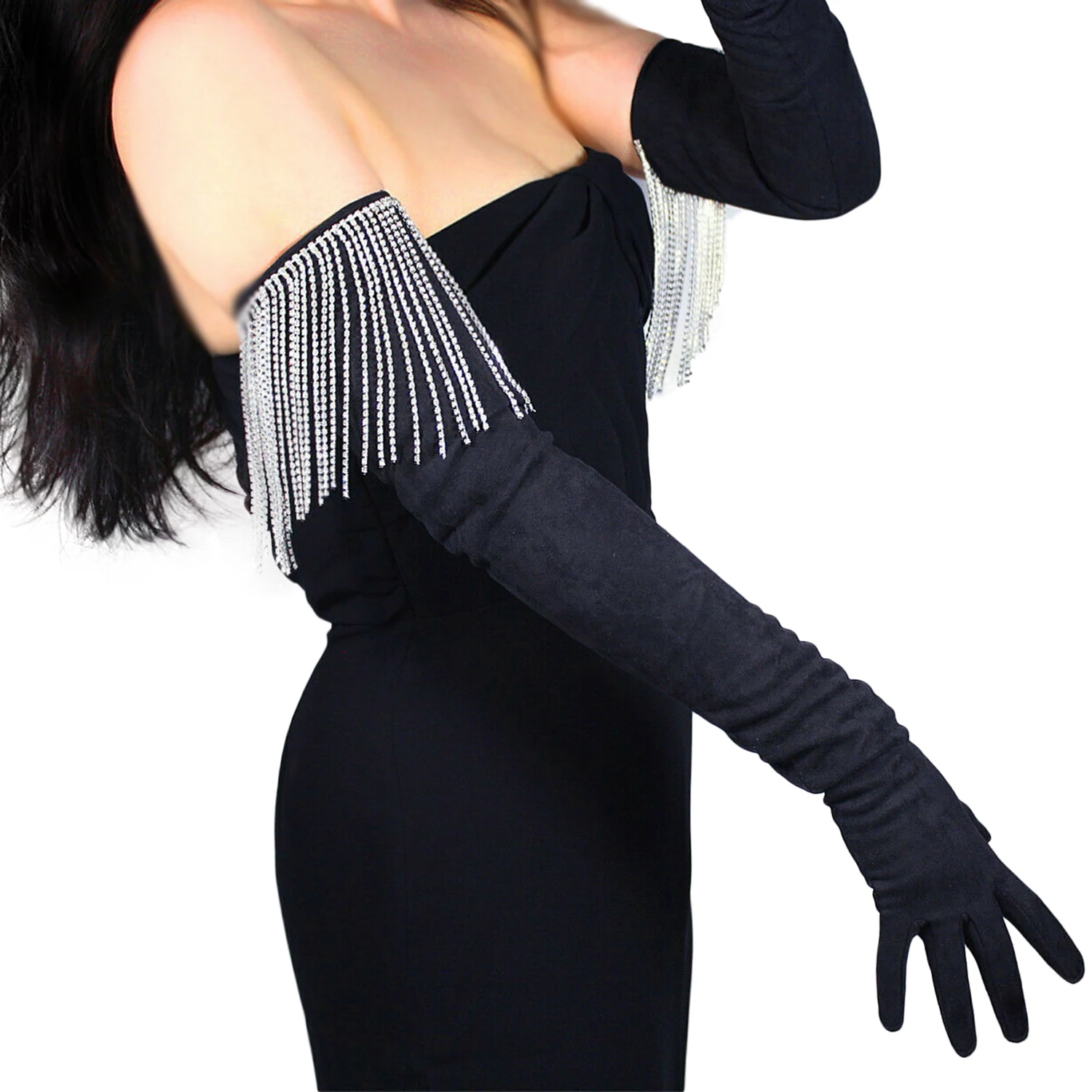 DooWay Women's Black Suede Long Gloves Faux Leather w/ Sparkling Ice Rhinestone Dangling Fringe Evening Party Wedding Dressing