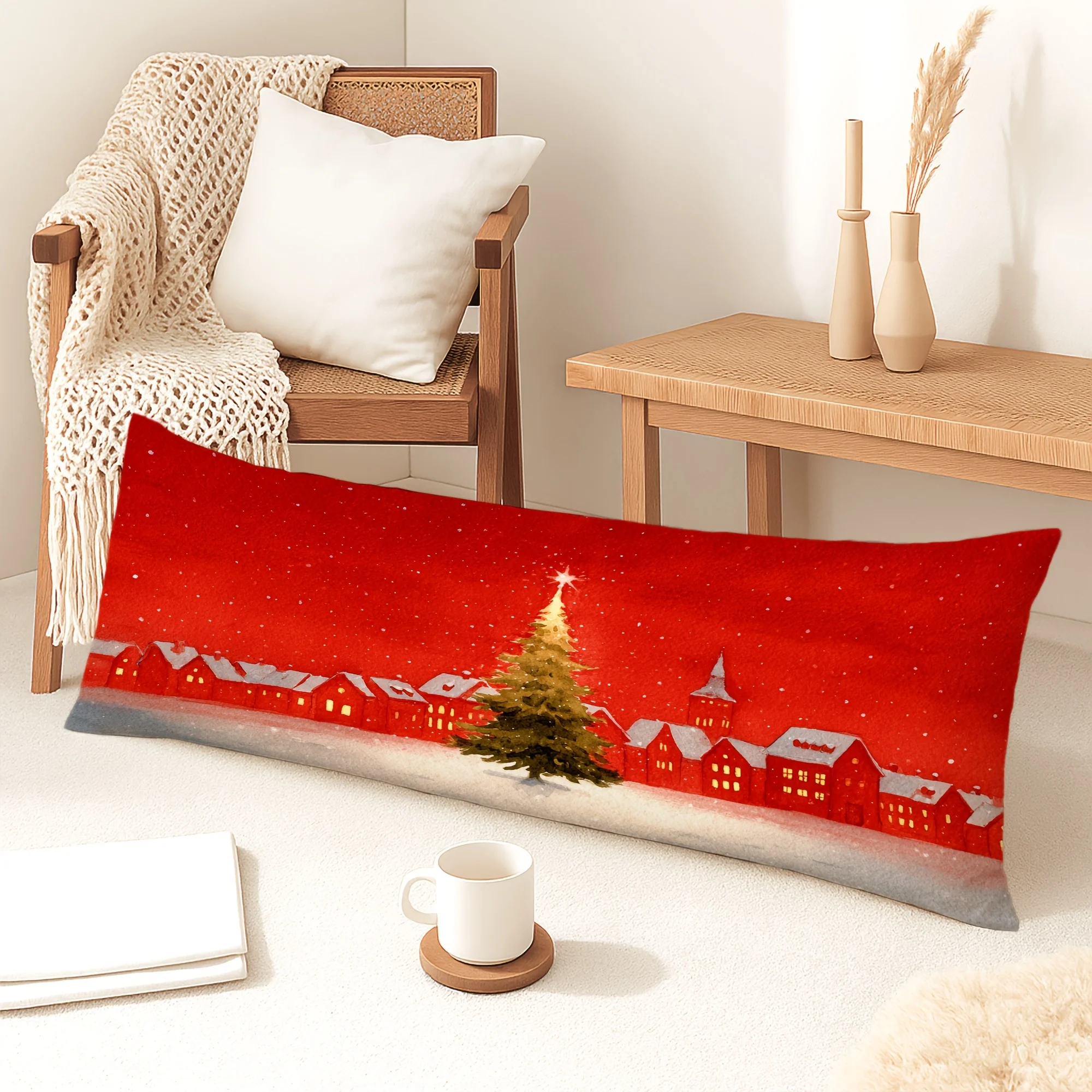 1pc Body Pillowcase, Christmas Decoration, Vintage House, Christmas Tree, Snowflake, Star, Red, 20x54 Inches, Suitable for Livin