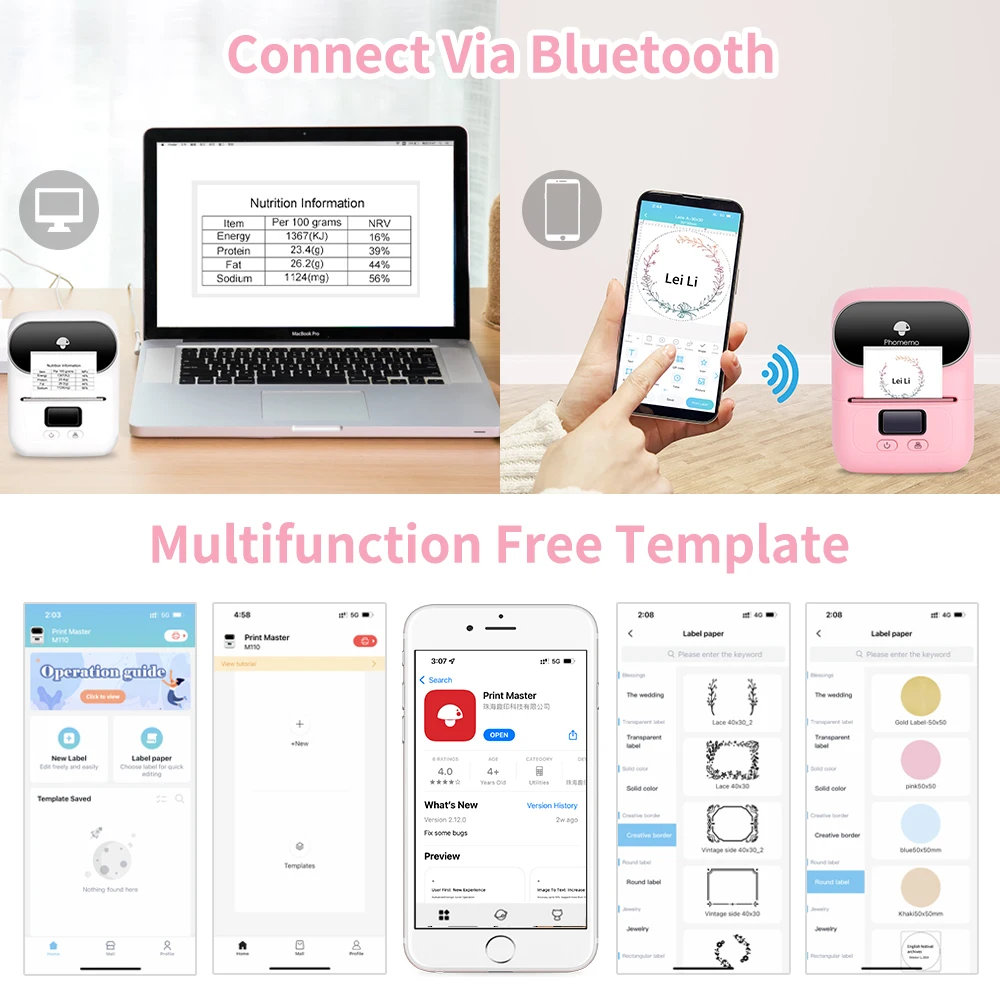 Phomemo M110 Thermal Label Printer Bluetooth Wireless Mini Printer Barcode Label Maker for  PC & Phone for Clothing Mailing