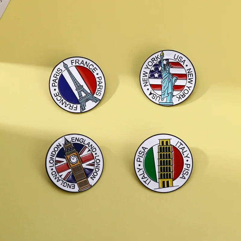 Creative Travel Brooch Paris Eiffel Tower London Big Ben Italy Bisar Leaning Tower New York Liberty Flag Statue of Liberty Pins