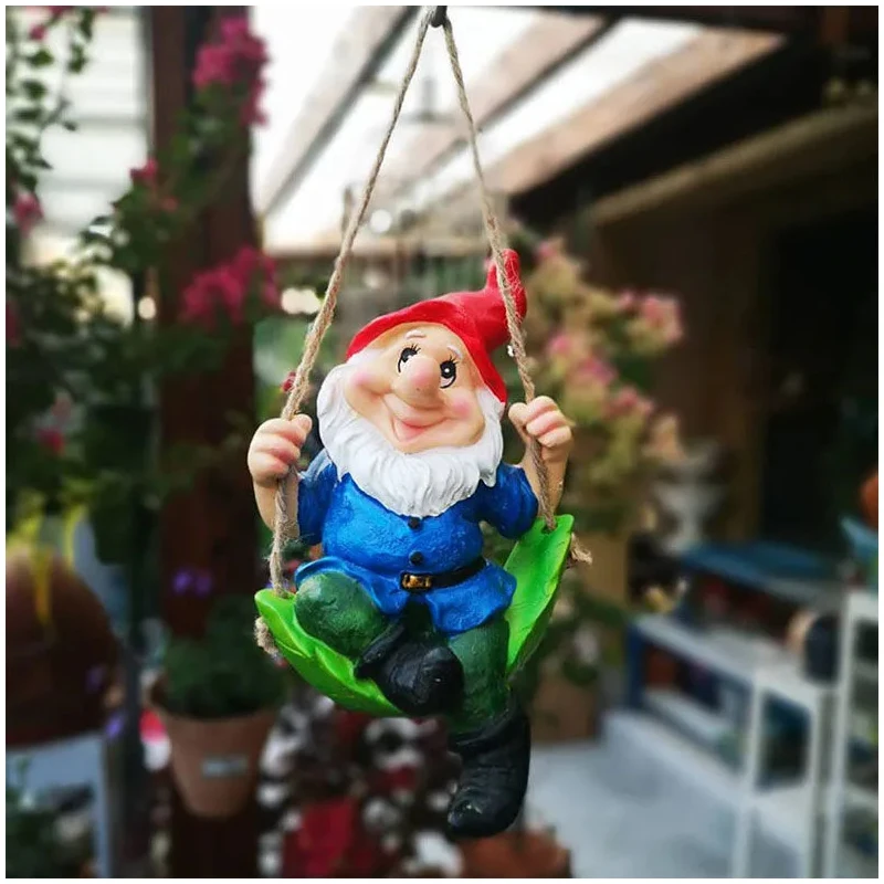 Christmas Cute Swing Santa Claus Resin Statue Dwarfs Gnome Tree Fence Decorative Pendant Indoor Outdoor Garden Decor Ornament