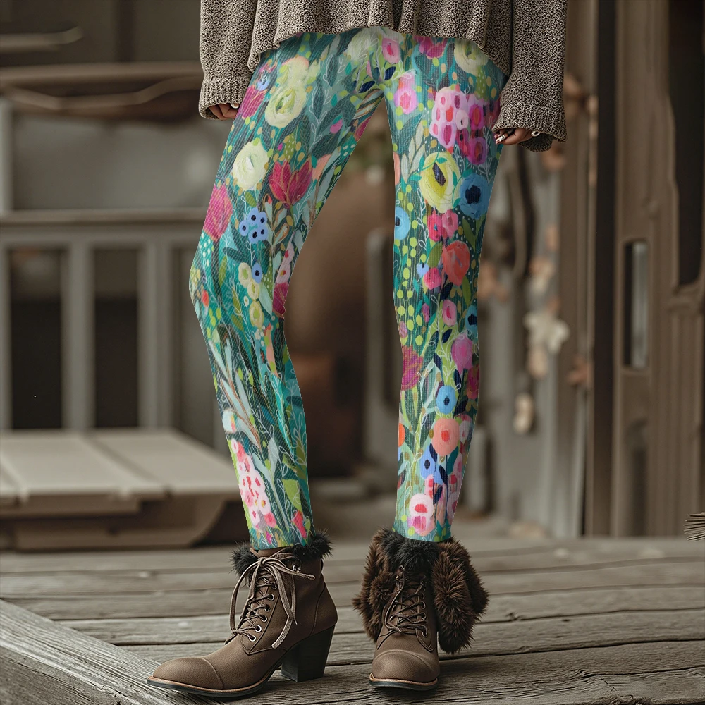 الملونة تتفتح الزهور نمط المرأة طماق الخريف الشتاء الدافئة الأزياء الجوارب أنيق في الهواء الطلق نظرة أزياء الشارع الشهير #6