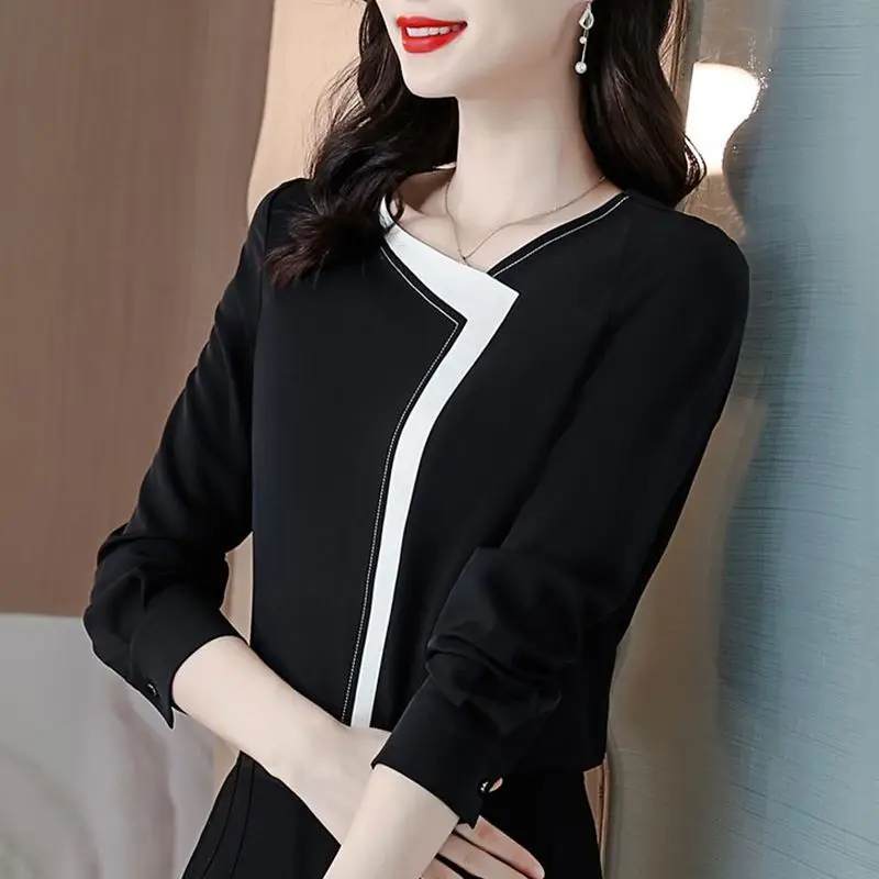 Autumn Women Korean Fashion Patchwork Designer Blouse Office Lady Business Casual Shirts V Neck Long Sleeve Tops Elegante Blusas