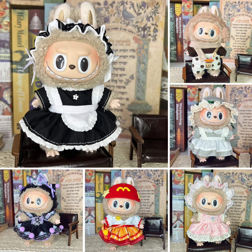 for 17cm Labubu Dolls Clothing Cute Mini Plush Doll's Clothes The Monster Outfit Accessories Princess Dress Pearl Mini Pink