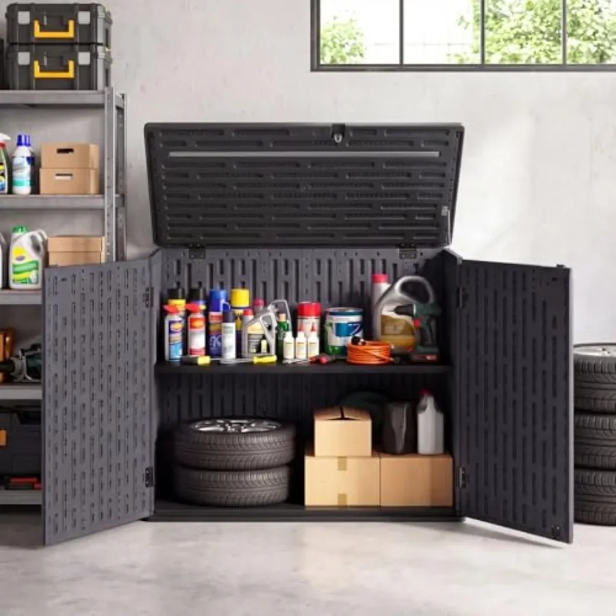Horizontal Outdoor Storage Cabinet for Patio Use, Durable Resin Material, Brown Color, Weather-Resistant and Lockable Design